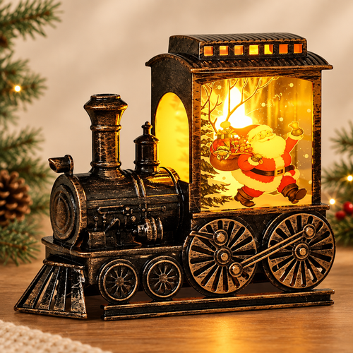Detalle del tren navideño iluminado