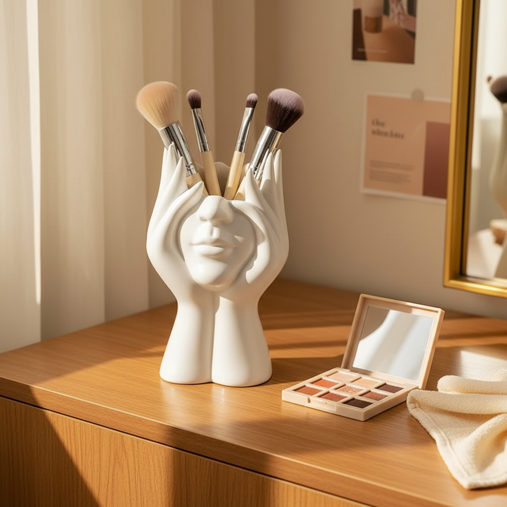 Organizador de brochas con manos abiertas junto a maquillaje sobre un tocador de madera