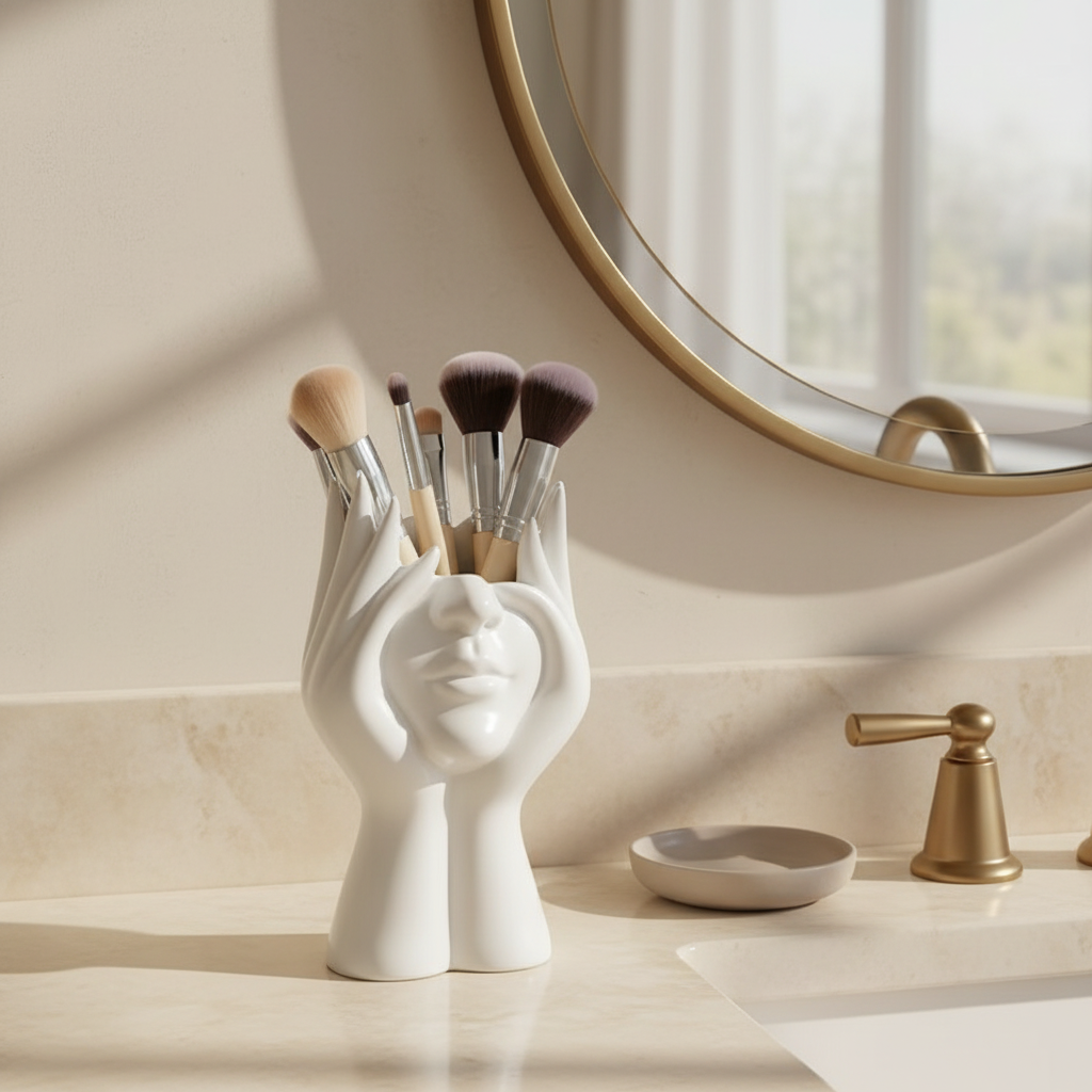 Organizador de brochas con manos abiertas sobre un tocador de baño en tonos crema