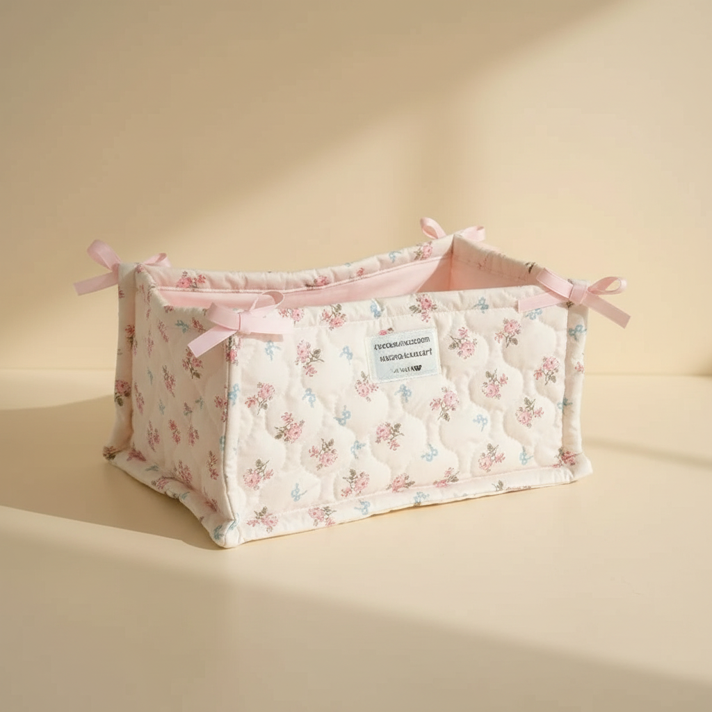 Canasto Organizador de Tela Acolchado con Diseño Floral