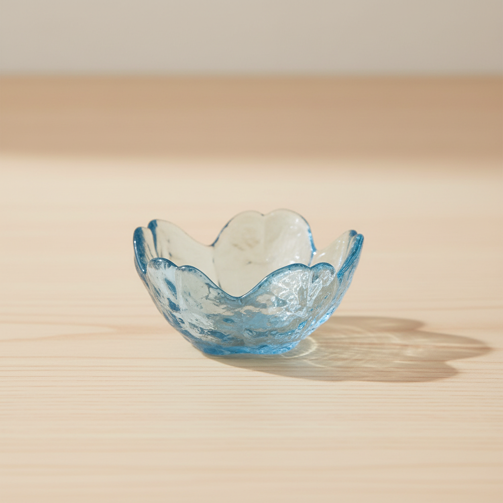 Portavela Sakura de vidrio azul sobre fondo beige