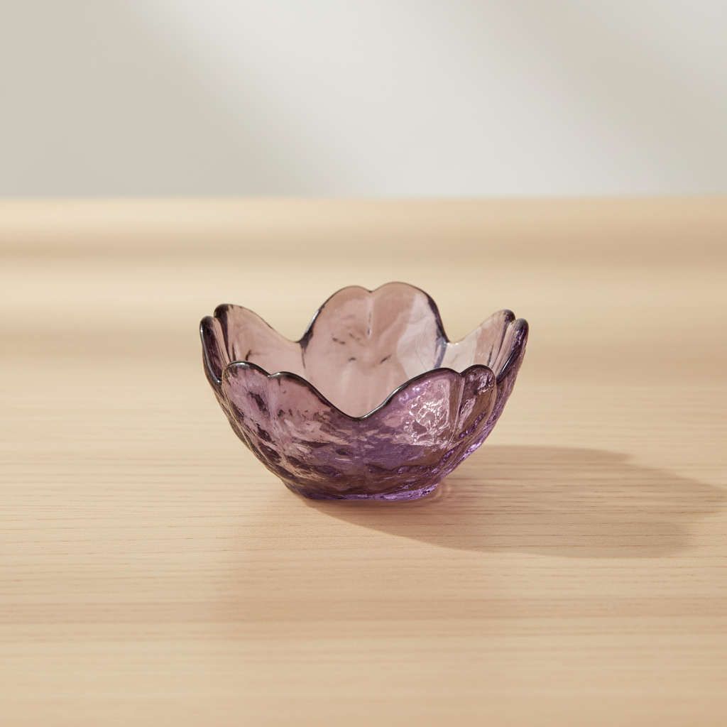 Portavela Sakura de vidrio morado sobre fondo beige