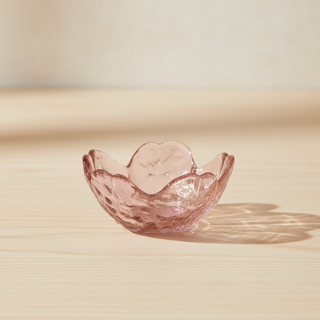 Portavela Sakura de vidrio rosado sobre fondo beige