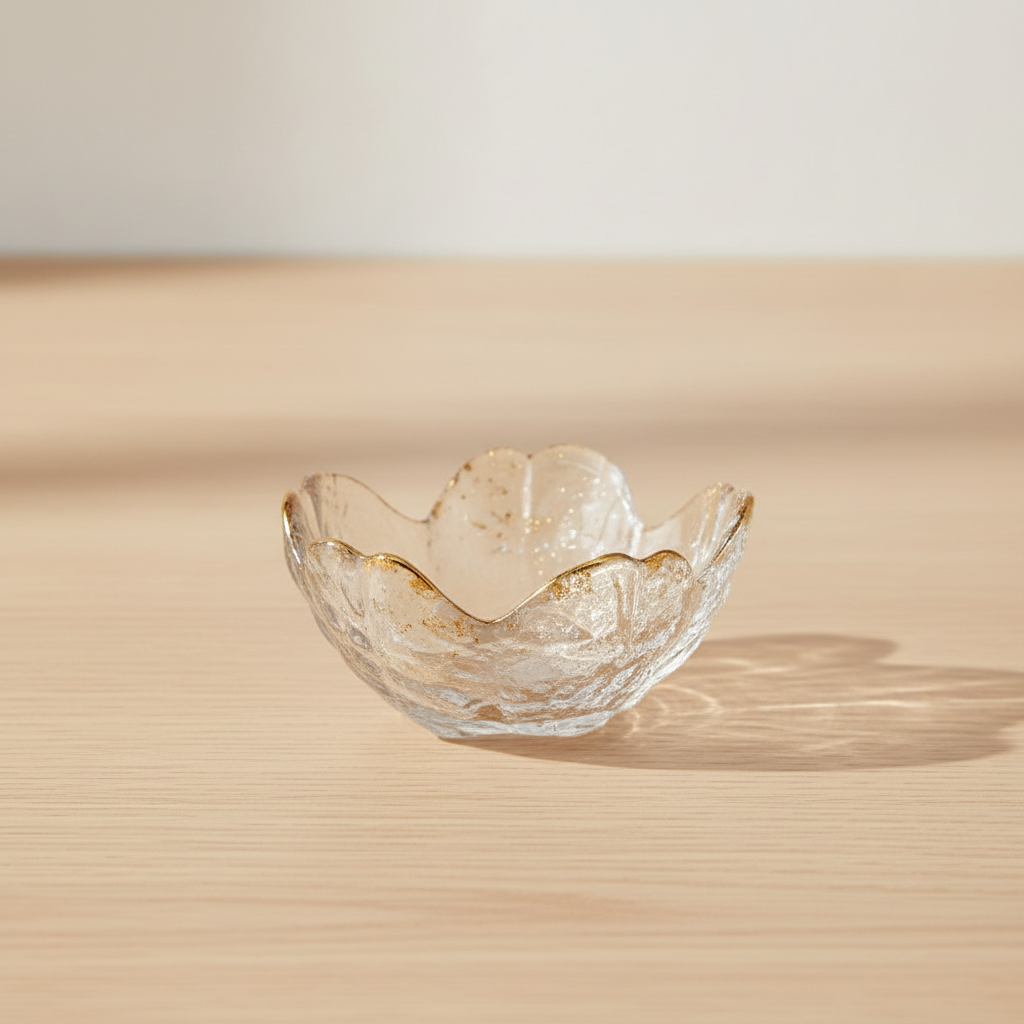 Portavela Sakura de vidrio transparente con detalle dorado sobre fondo beige