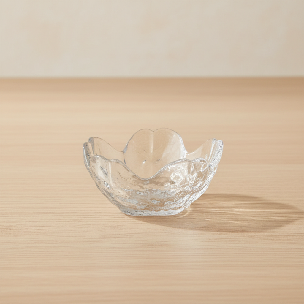 Portavela Sakura de vidrio transparente sobre fondo beige