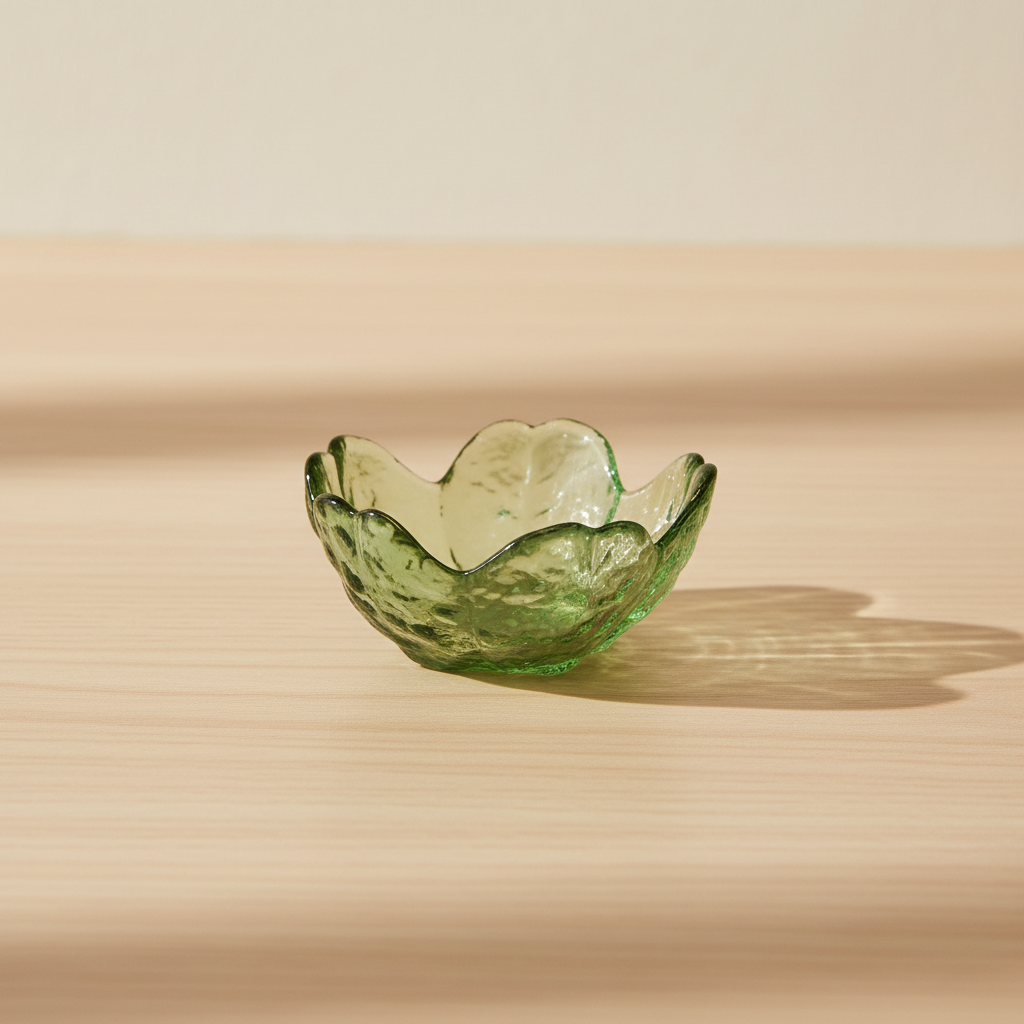 Portavela Sakura de vidrio verde sobre fondo beige