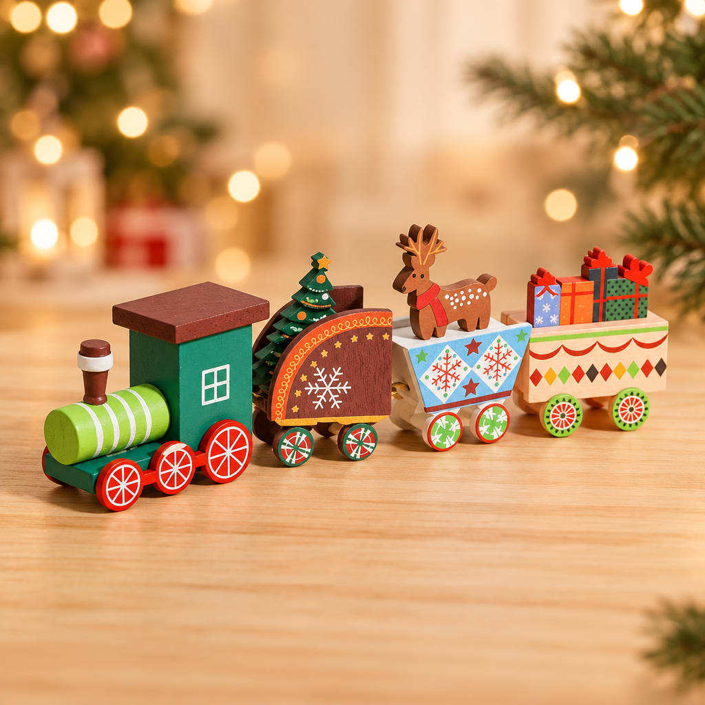 Tren multicolor con reno y regalos