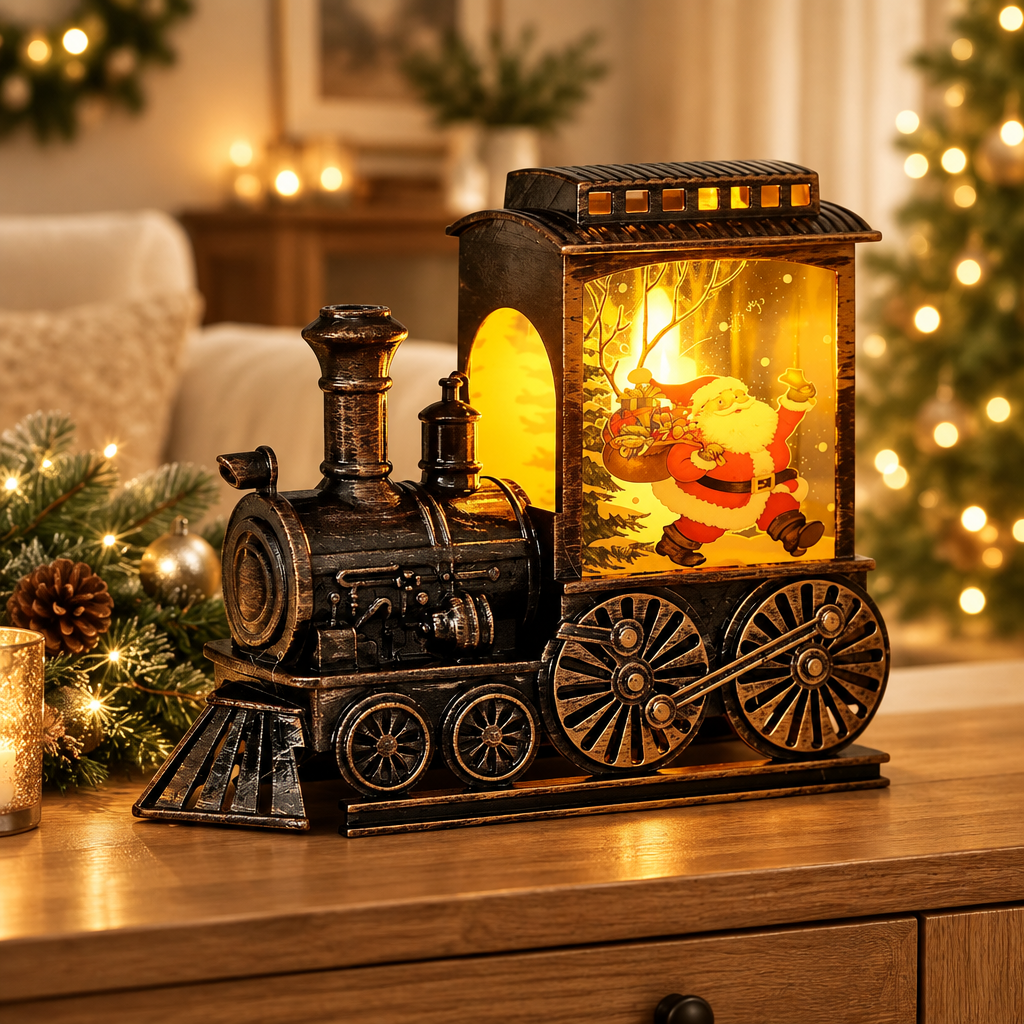 Tren navideño en una sala acogedora